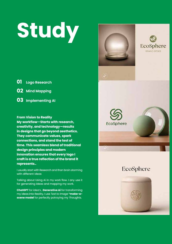 EcoSphere brand book page titled Study, describing logo research, mind mapping and the use of AI