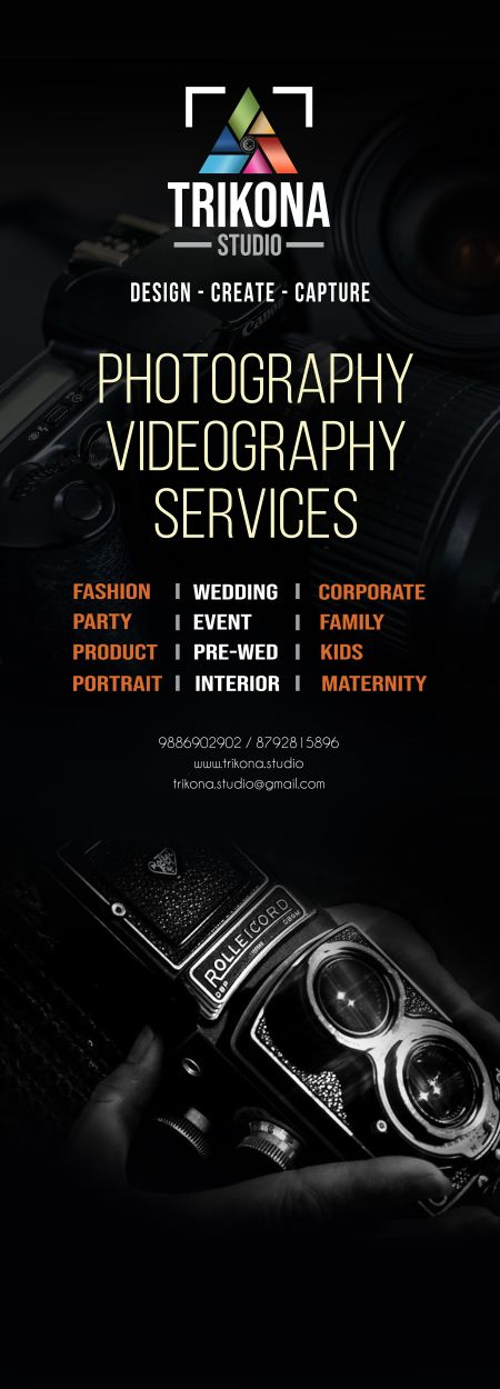 Trikona Studio glass-door print: black panel with the logo and a list of photography services